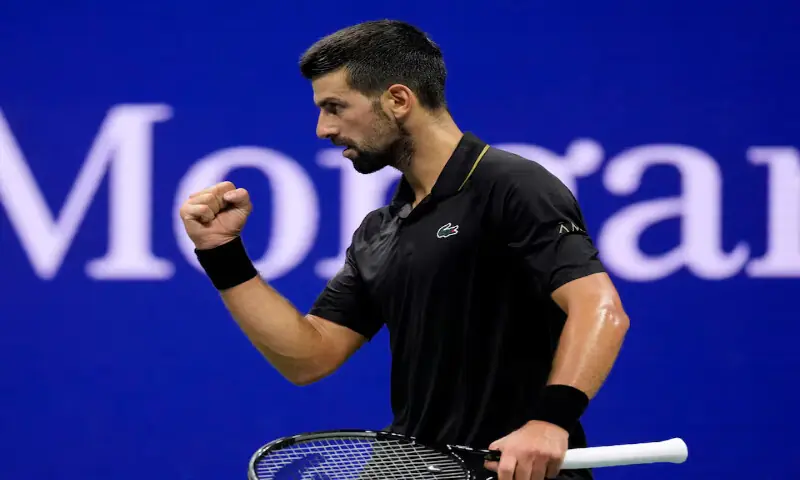 Serbia’s Novak Djokovic reacts during his quarter-final match against Taylor Fritz of the US at the US Open in New York. – Reuters Serbia’s Novak Djokovic reacts during his quarter-final match against Taylor Fritz of the US at the US Open in New York. – Reuters