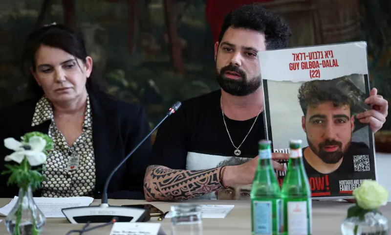 Meirav Gilboa-Dalal and Gal Gilboa-Dalal, mother and brother of Israeli hostage Guy Gilboa-Dalal, attend a press conference in Rome, Italy. – Reuters fi8le Meirav Gilboa-Dalal and Gal Gilboa-Dalal, mother and brother of Israeli hostage Guy Gilboa-Dalal, attend a press conference in Rome, Italy. – Reuters fi8le