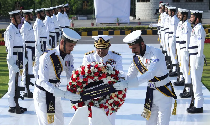 Chief of the Naval Staff Admiral Naveed Ashraf laid floral wreath at Shuhada Monument on Decence and Martyrs’day at Naval headquarters, Islamabad. Chief of the Naval Staff Admiral Naveed Ashraf laid floral wreath at Shuhada Monument on Decence and Martyrs’day at Naval headquarters, Islamabad.
