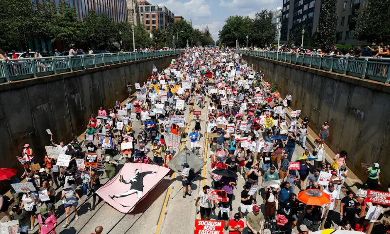 Demonstrators attend the “We Are All DC” march to protest against the National Guard troops deployment, in Washington, DC. – Reuters Demonstrators attend the “We Are All DC” march to protest against the National Guard troops deployment, in Washington, DC. – Reuters