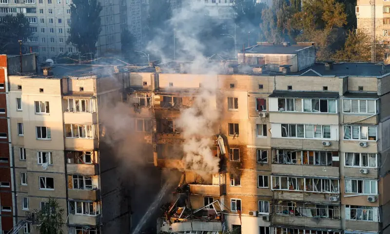 Emergency workers extinguish a fire in an apartment building that was damaged during a Russian drone strike, amid Russia’s attack on Ukraine, in Kyiv, Ukraine September 7, 2025. REUTERS Emergency workers extinguish a fire in an apartment building that was damaged during a Russian drone strike, amid Russia’s attack on Ukraine, in Kyiv, Ukraine September 7, 2025. REUTERS
