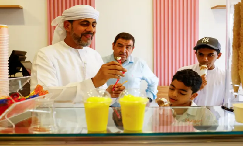 A traditional Palestinian ‘Barrad’, a slushy drink with citrus flavours, is displayed as customers enjoy ice cream at a newly opened branch of an ice cream shop that was partially destroyed in Gaza during the ongoing conflict between Israel and Hamas, in Ajman. Reuters A traditional Palestinian ‘Barrad’, a slushy drink with citrus flavours, is displayed as customers enjoy ice cream at a newly opened branch of an ice cream shop that was partially destroyed in Gaza during the ongoing conflict between Israel and Hamas, in Ajman. Reuters