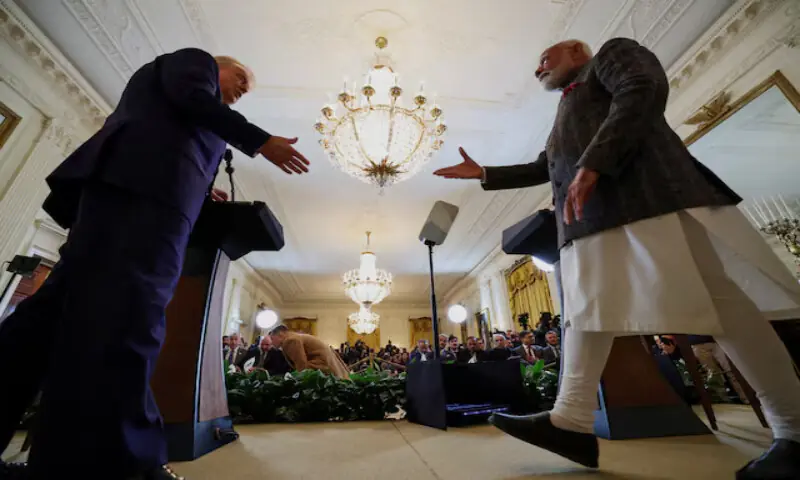 US President Donald Trump and Indian Prime Minister Narendra Modi prepare to shake hands as they attend a joint press conference at the White House in Washington, DC. – Reuters file US President Donald Trump and Indian Prime Minister Narendra Modi prepare to shake hands as they attend a joint press conference at the White House in Washington, DC. – Reuters file