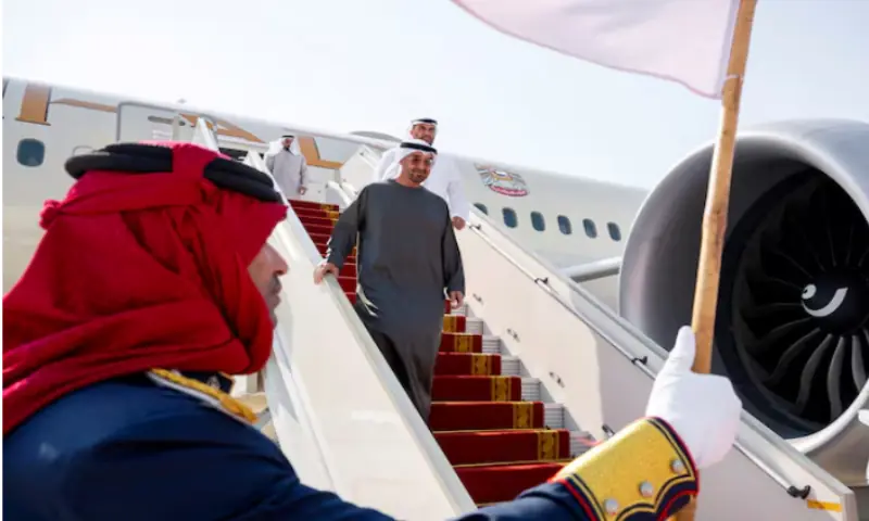 UAE President Sheikh Mohamed bin Zayed Al Nahyan arrives at Sakhir Air Base, in Manama, Bahrain, on September 10, 2025. Reuters UAE President Sheikh Mohamed bin Zayed Al Nahyan arrives at Sakhir Air Base, in Manama, Bahrain, on September 10, 2025. Reuters