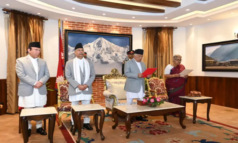 Nepal’s President Ramchandra Paudel administers the oath of office to Sushila Karki, a former Chief Justice, as Nepal’s interim prime minister during a swearing-in ceremony, following violent anti-graft protests, at the president’s office in Kathmandu, on September 12, 2025. Nepal’s President Office/Handout via Reuters Nepal’s President Ramchandra Paudel administers the oath of office to Sushila Karki, a former Chief Justice, as Nepal’s interim prime minister during a swearing-in ceremony, following violent anti-graft protests, at the president’s office in Kathmandu, on September 12, 2025. Nepal’s President Office/Handout via Reuters