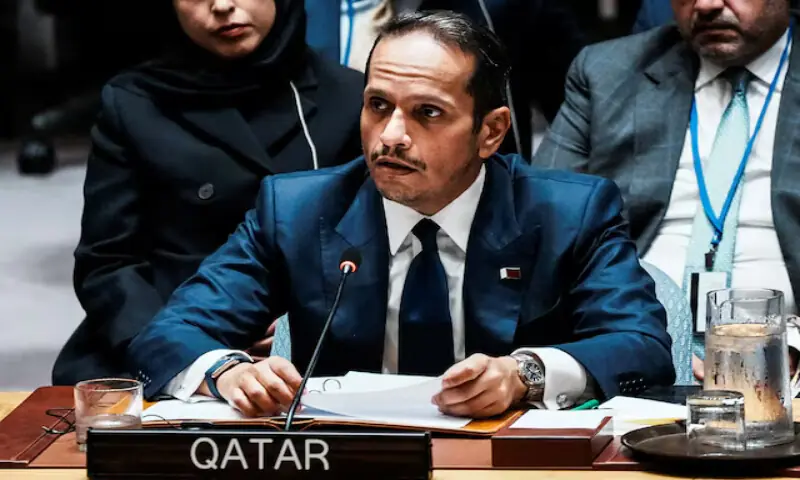 Qatar’s Prime Minister and Minister for Foreign Affairs Sheikh Mohammed bin Abdulrahman bin Jassim Al Thani addresses to delegates during an emergency meeting of the United Nations Security Council at UN headquarters in New York City. – Reuters Qatar’s Prime Minister and Minister for Foreign Affairs Sheikh Mohammed bin Abdulrahman bin Jassim Al Thani addresses to delegates during an emergency meeting of the United Nations Security Council at UN headquarters in New York City. – Reuters