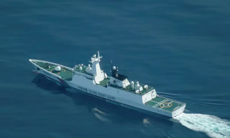 An aerial view of a China Coast Guard ship navigating near the Scarborough Shoal in the South China Sea. – Reuters An aerial view of a China Coast Guard ship navigating near the Scarborough Shoal in the South China Sea. – Reuters