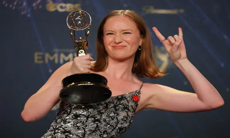Hannah Einbinder poses with the Best Supporting Actress in a Comedy Series award for Hacks at the 77th Primetime Emmy Awards in Los Angeles, California. &ndash; Reuters