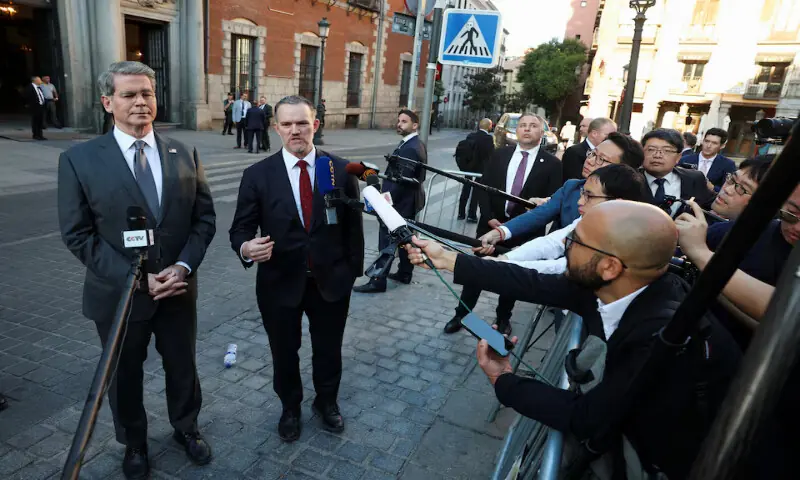 US Trade Representative Jamieson Greer speaks to the press as US Treasury Secretary Scott Bessent stands alongside in Madrid, Spain. – Reuters US Trade Representative Jamieson Greer speaks to the press as US Treasury Secretary Scott Bessent stands alongside in Madrid, Spain. – Reuters