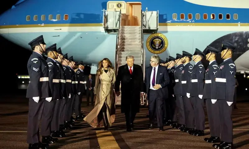 U.S. President Donald Trump walks with first lady Melania Trump and Viscount Henry Hood upon arrival at London Stansted Airport for a state visit to Britain, near London, Britain, September 16, 2025. REUTERS U.S. President Donald Trump walks with first lady Melania Trump and Viscount Henry Hood upon arrival at London Stansted Airport for a state visit to Britain, near London, Britain, September 16, 2025. REUTERS