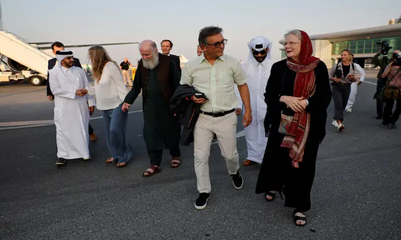 British couple Peter and Barbie Reynolds, who were released from Taliban detention in Afghanistan, walk after disembarking from a plane, in Doha, Qatar. – Reuters British couple Peter and Barbie Reynolds, who were released from Taliban detention in Afghanistan, walk after disembarking from a plane, in Doha, Qatar. – Reuters