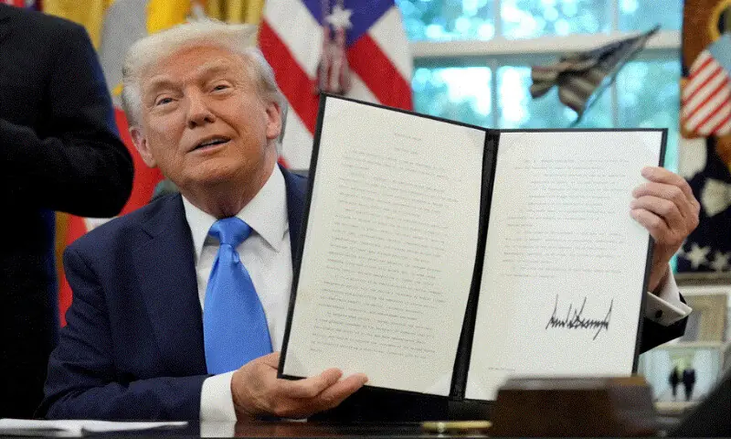 US President Donald Trump displays a signed executive order in the Oval Office at the White House in Washington, DC. – Reuters US President Donald Trump displays a signed executive order in the Oval Office at the White House in Washington, DC. – Reuters