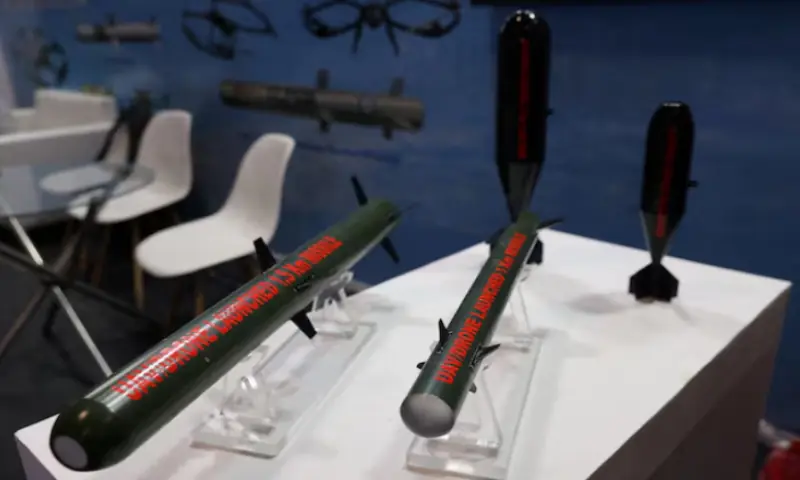 A view shows model missiles used in drones developed by Bharat Dynamics Limited, kept on display at their stall at the drone exhibition at Bharat Drone Shakti 2023 organised by the Indian Air Force and Drone Federation of India at the Hindon Airbase in Ghaziabad, India, on September 25, 2023. Reuters A view shows model missiles used in drones developed by Bharat Dynamics Limited, kept on display at their stall at the drone exhibition at Bharat Drone Shakti 2023 organised by the Indian Air Force and Drone Federation of India at the Hindon Airbase in Ghaziabad, India, on September 25, 2023. Reuters