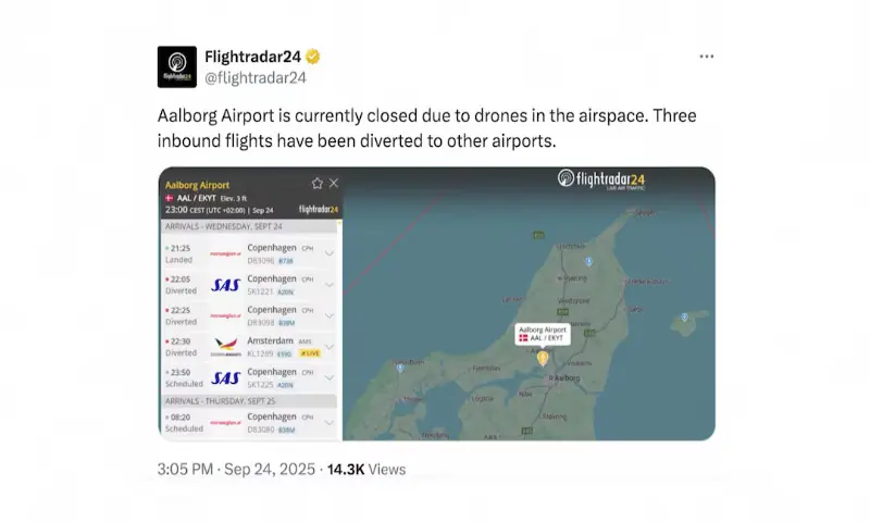 A screen capture of a post on X by FlightRadar24 on September 24, 2025 shows diverted flights after Denmark’s Aalborg airport was closed due to drones in its airspace. – Reuters A screen capture of a post on X by FlightRadar24 on September 24, 2025 shows diverted flights after Denmark’s Aalborg airport was closed due to drones in its airspace. – Reuters