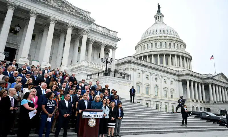 US House Minority Leader Hakeem Jeffries and other Democratic House members hold a press conference on the house steps a day before a partial government shutdown is set to take effect on Capitol Hill in Washington, DC. – Reuters US House Minority Leader Hakeem Jeffries and other Democratic House members hold a press conference on the house steps a day before a partial government shutdown is set to take effect on Capitol Hill in Washington, DC. – Reuters