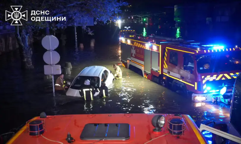 Rescuers push a partially submerged car on a flooded street, following unprecedented rainfall in Odesa, Ukraine. – Reuters Rescuers push a partially submerged car on a flooded street, following unprecedented rainfall in Odesa, Ukraine. – Reuters