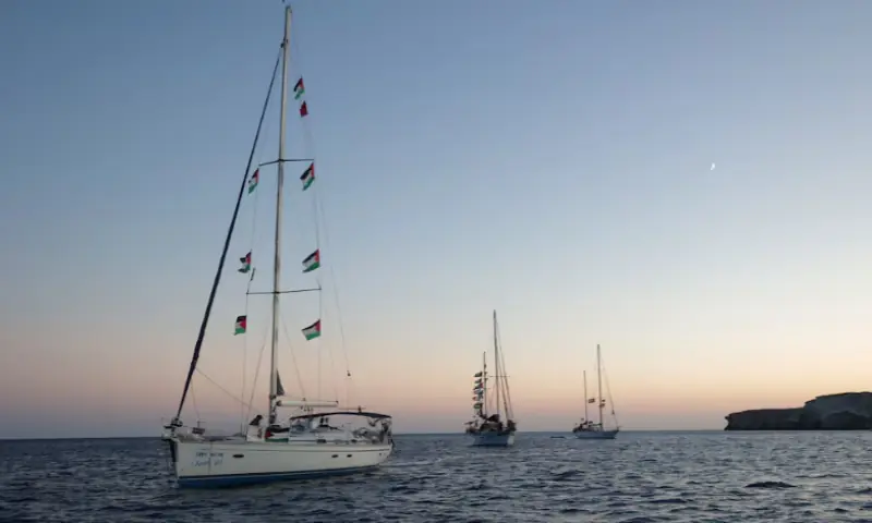 Sailing boats, part of the Global Sumud Flotilla aiming to reach Gaza and break Israel’s naval blockade, sail off Koufonisi islet, Greece, on September 26, 2025. Reuters Sailing boats, part of the Global Sumud Flotilla aiming to reach Gaza and break Israel’s naval blockade, sail off Koufonisi islet, Greece, on September 26, 2025. Reuters