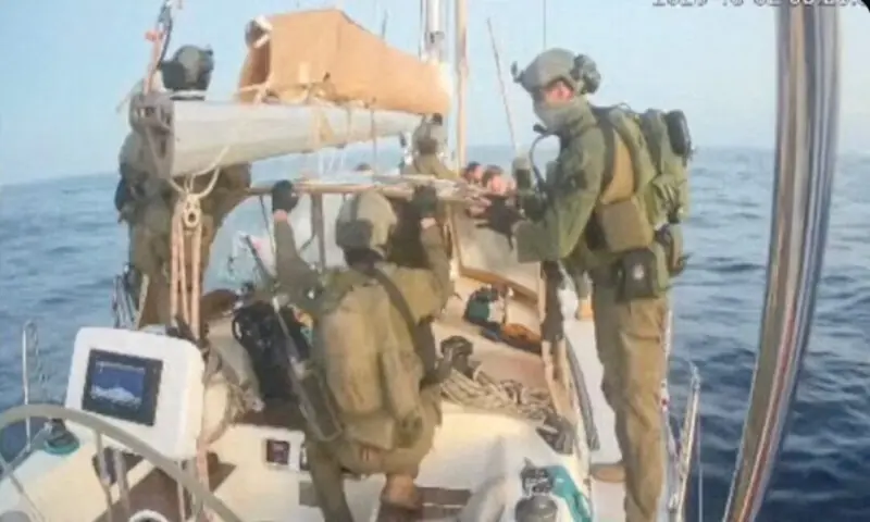 A screengrab from a livestream video shows Israeli military aboard the Gaza-bound vessel Oxygono, part of the Global Sumud Flotilla on Thursday. – Reuters