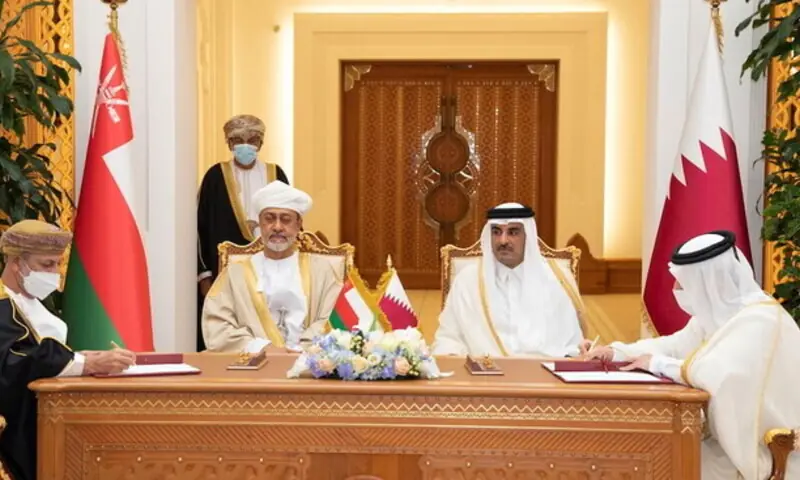 Qatar’s Emir Sheikh Tamim and Oman’s Sultan Haitham witness the signing of agreements between the two countries in Doha, Qatar Nov. 22, 2021. Qatar News Agency/Reuters) Qatar’s Emir Sheikh Tamim and Oman’s Sultan Haitham witness the signing of agreements between the two countries in Doha, Qatar Nov. 22, 2021. Qatar News Agency/Reuters)