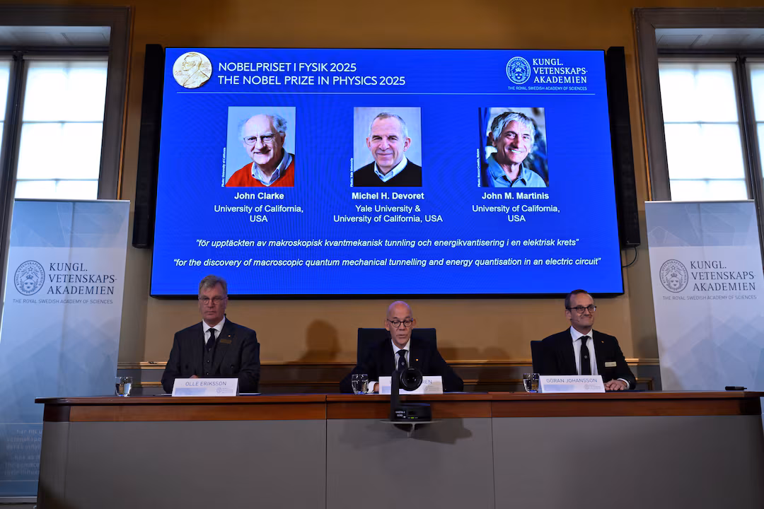 ohn Clarke, Michel H Devoret and John M. Martinis are announced this year’s Nobel Prize winners in Physics, by the Royal Swedish Academy of Sciences at a press conference in Stockhom, Sweden October 7, 2025. TT News Agency/Christine Olsson via REUTERS
