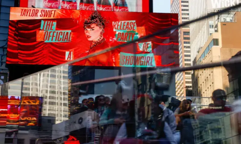 A billboard advertises ‘The Official Release Party of a Showgirl,’ a movie celebrating Taylor Swift’s new album ‘The Life of a Showgirl,’ in Times Square in New York City, on October 3, 2025. Reuters file A billboard advertises ‘The Official Release Party of a Showgirl,’ a movie celebrating Taylor Swift’s new album ‘The Life of a Showgirl,’ in Times Square in New York City, on October 3, 2025. Reuters file