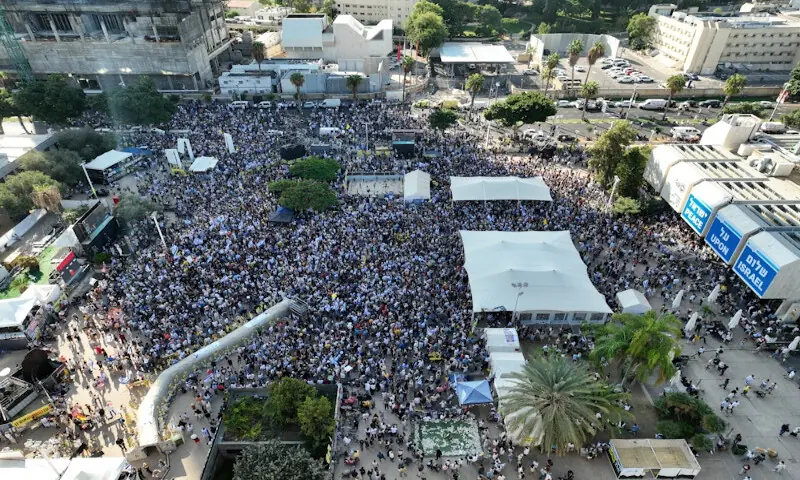 A drone view shows people gathering at “Hostages Square” in Tel Aviv, Israel, on Monday. – Reuters A drone view shows people gathering at “Hostages Square” in Tel Aviv, Israel, on Monday. – Reuters