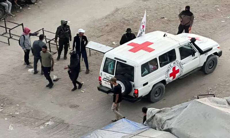 A Red Cross vehicle moves along a road before the expected release of hostages held in Gaza in Khan Younis, southern Gaza Strip, on Monday. – Reuters A Red Cross vehicle moves along a road before the expected release of hostages held in Gaza in Khan Younis, southern Gaza Strip, on Monday. – Reuters