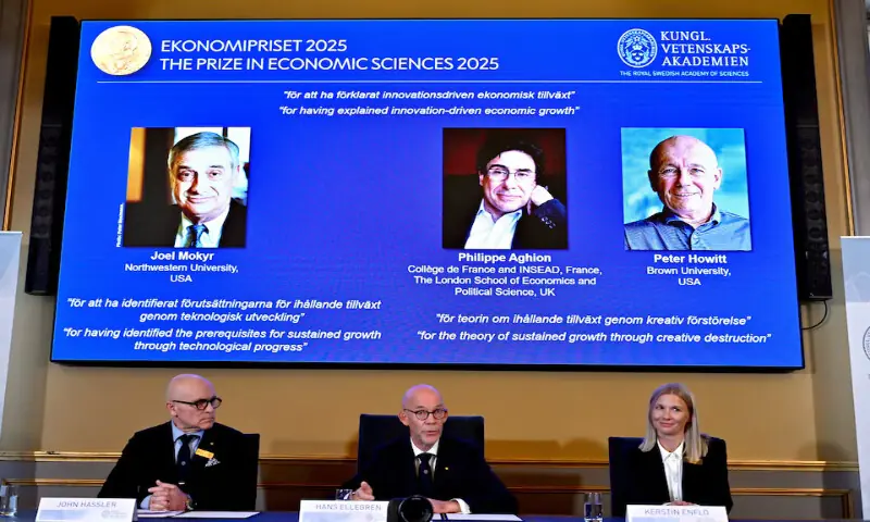 A giant screen displays the names of the winners of Nobel Prize in Economics 2025 – Joel Mokyr, Philippe Aghion, and Peter Howitt. – Reuters A giant screen displays the names of the winners of Nobel Prize in Economics 2025 – Joel Mokyr, Philippe Aghion, and Peter Howitt. – Reuters