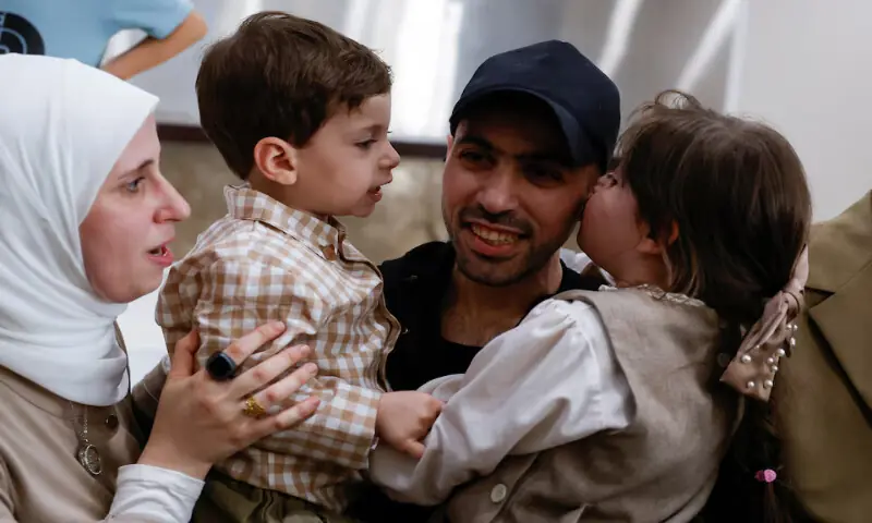 A freed Palestinian prisoner is greeted in Ramallah in the Israeli-occupied West Bank on Monday. – Reuters A freed Palestinian prisoner is greeted in Ramallah in the Israeli-occupied West Bank on Monday. – Reuters