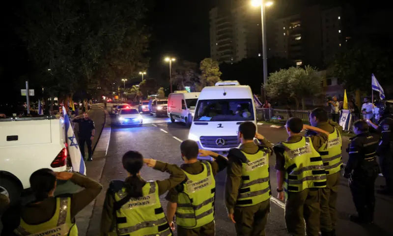 [1/11] A convoy transporting the bodies of deceased hostages, kidnapped during the deadly October 7, 2023, attack by Hamas, arrives at Abu Kabir forensic centre, as part of a prisoner-hostage swap and a ceasefire deal between Israel and Hamas, in Tel Aviv, Israel, October 15, 2025.//REUTERS