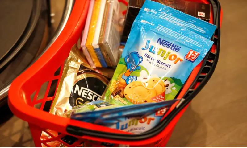 [1/2] Shopping bag with Nestle products is pictured in the supermarket of Nestle headquarters in Vevey, Switzerland, February 13, 2020.//REUTERS
