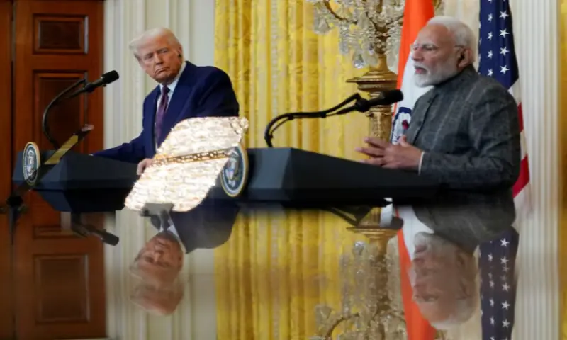 U.S. President Donald Trump and Indian Prime Minister Narendra Modi are pictured in a mirror as they attend a joint press conference at the White House in Washington, D.C., U.S., February 13, 2025.//REUTERS U.S. President Donald Trump and Indian Prime Minister Narendra Modi are pictured in a mirror as they attend a joint press conference at the White House in Washington, D.C., U.S., February 13, 2025.//REUTERS
