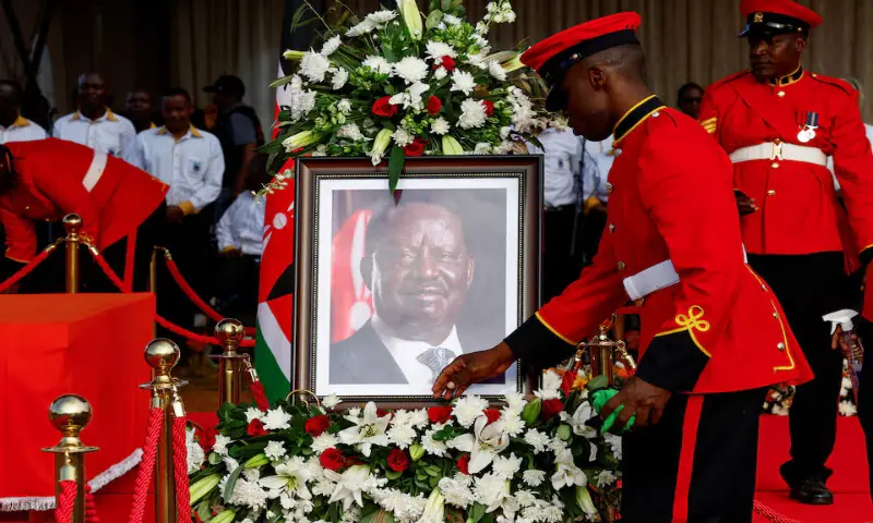 A member of the Kenya Defence Forces adjusts the portrait as mourners gather to attend a funeral for Kenya’s former prime minister Raila Odinga at the Jaramogi Oginga Odinga University of Science and Technology in Bondo. – Reuters A member of the Kenya Defence Forces adjusts the portrait as mourners gather to attend a funeral for Kenya’s former prime minister Raila Odinga at the Jaramogi Oginga Odinga University of Science and Technology in Bondo. – Reuters
