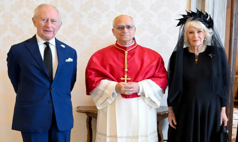 Pope Leo XIV meets Britain’s King Charles and Queen Camilla during a private audience at the Vatican on Thursday. – Reuters Pope Leo XIV meets Britain’s King Charles and Queen Camilla during a private audience at the Vatican on Thursday. – Reuters