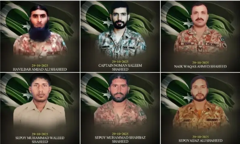 (From L-R) A collage of Havaldar Amjad Ali, Captain Noman Saleem, Naik Waqas Ahmed and sepoys Muhammad Waleed, Muhammad Shahbaz and Aijaz Ali, who were martyred in an operation in KP’s Kurram district. ISPR (From L-R) A collage of Havaldar Amjad Ali, Captain Noman Saleem, Naik Waqas Ahmed and sepoys Muhammad Waleed, Muhammad Shahbaz and Aijaz Ali, who were martyred in an operation in KP’s Kurram district. ISPR