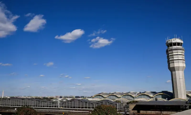 The control tower at Ronald Reagan Washington National Airport, with the Washington Monument in the background in Washington, DC, on October 31, 2025. Reuters file The control tower at Ronald Reagan Washington National Airport, with the Washington Monument in the background in Washington, DC, on October 31, 2025. Reuters file