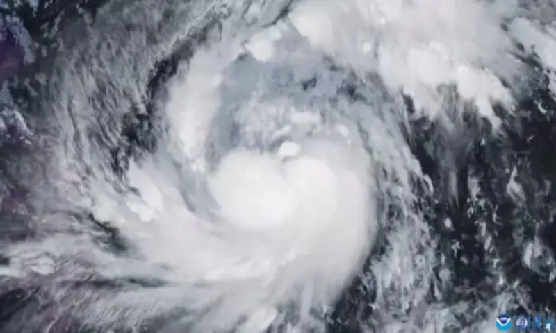A satellite image shows Storm Fung-Wong, which has intensified into a typhoon, according to the Cooperative Institute for Research in the Atmosphere (CIRA), over the Philippine Sea on November 7, 2025, in this screengrab from video. CSU/CIRA & JMA/JAXA/Handout via//REUTERS