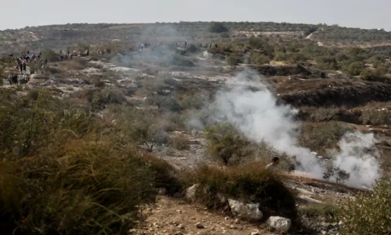 Smoke rises at the scene of a clash between Israeli soldiers and Palestinian protesters who went out to pray on their land, threatened by Israeli settlement expansion, in Beit Lid, near Tulkarm, in the Israeli-occupied West Bank, November 7, 2025//REUTERS