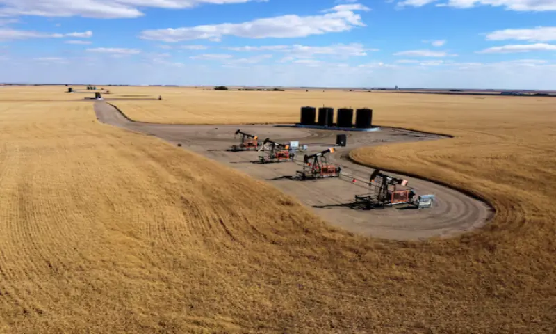 A drone view shows oil pumpjacks and tanks in a farmer’s field near Kindersley, Saskatchewan, Canada, September 5, 2024//REUTERS