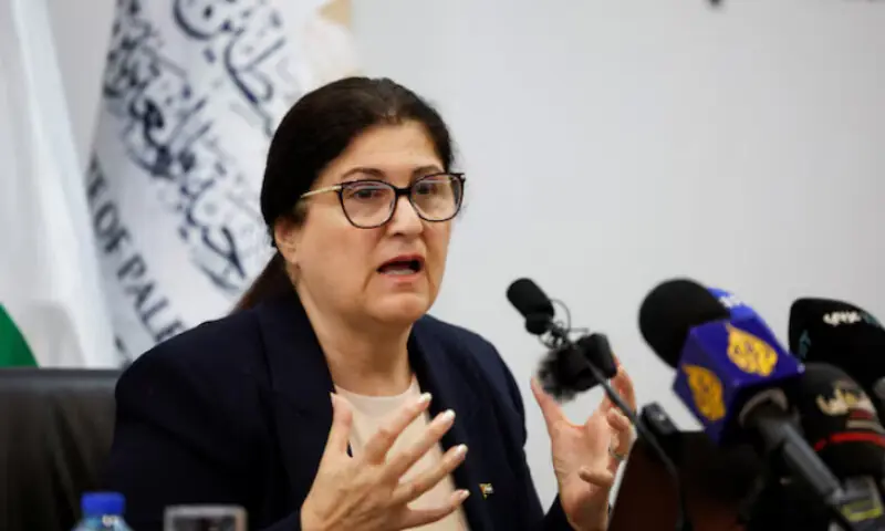 Palestinian Minister of Foreign Affairs Varsen Aghabekian Shahin attends a press conference in Ramallah in the Israeli-occupied West Bank, September 21, 2025//REUTERS