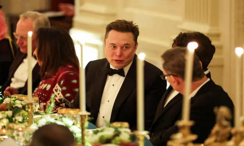 Elon Musk attends a dinner hosted by U.S. President Donald Trump for Saudi Crown Prince and Prime Minister Mohammed bin Salman, at the White House in Washington, D.C., US, November 18, 2025//REUTERS