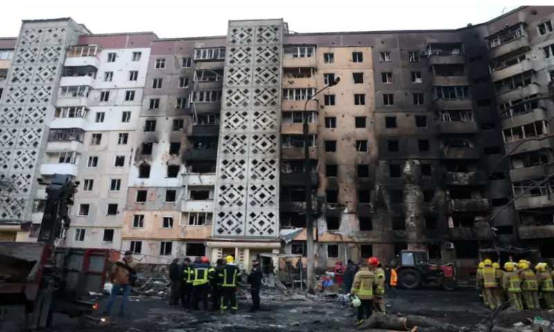 Rescuers work at the site of the apartment building hit by a morning Russian missile strike, amid Russia’s attack on Ukraine, in Ternopil, Ukraine, in this handout picture released November 19, 2025. Reuters file