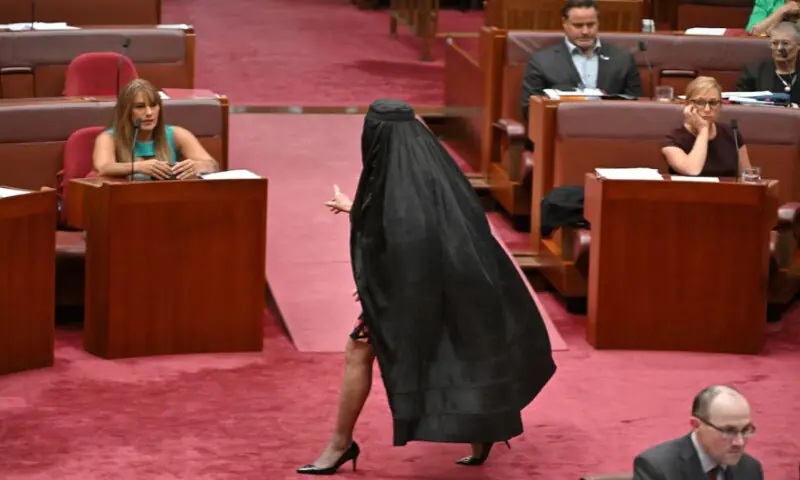 One Nation leader Pauline Hanson wears a burqa in the Senate chamber at Parliament House in Canberra, Australia, November 24, 2025. Reuters