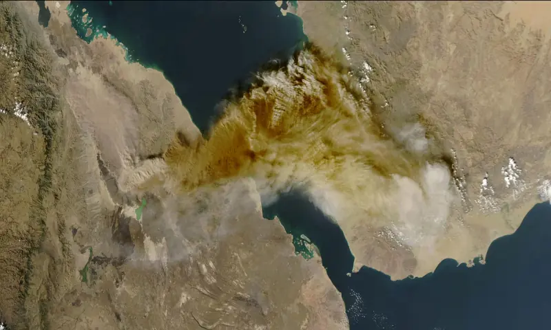 A satellite image shows ash rising from the eruption of the Hayli Gubbi volcano in Ethiopia as it drifts over the Red Sea, November 23, 2025//REUTERS