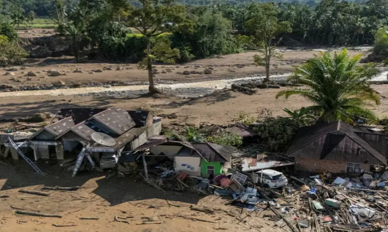 A drone view shows heavily damage houses at an area hit by deadly flash floods following heavy rains in Palembayan, Agam regency, West Sumatra province, Indonesia, on December 1, 2025. Reuters