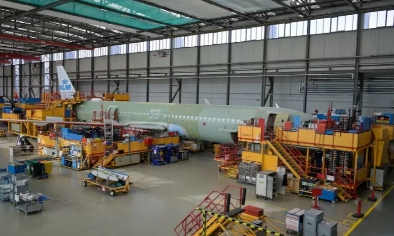 An aircraft is seen on A320 Family production line, on the day European Council President Antonio Costa visits an Airbus facility, in Hamburg, Germany, on April 14, 2025. Reuters file
