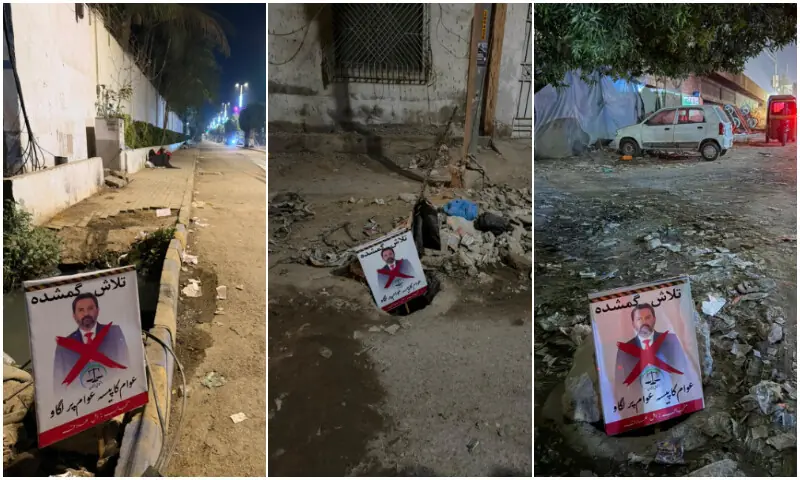 Residents placed banners on open manholes bearing the words “talaash-e-gumshuda,” (missing person) targeting Gulshan Town Chairman Dr Fawad.