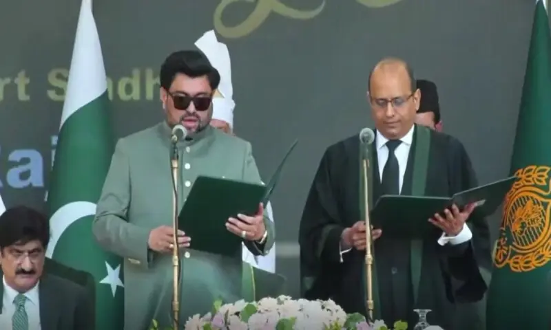 Governor Sindh Kamran Tessori administers the oath to Justice Zafar Ahmed Rajput as Chief Justice of the Sindh High Court. Screengrab