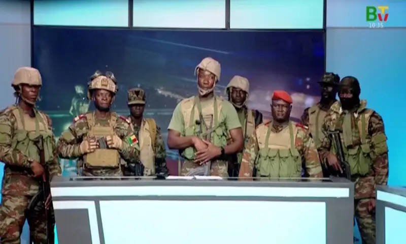 A group of soldiers giving a statement on Benin’s national television, claiming to have seized power, in Cotonou, Benin. — Reuters A group of soldiers giving a statement on Benin’s national television, claiming to have seized power, in Cotonou, Benin. — Reuters