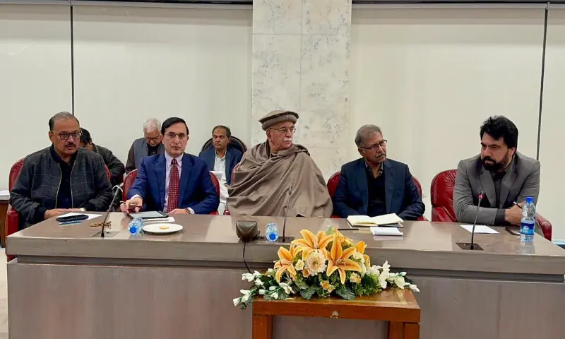 Mahmood Khan Achakzai, Barristers Gohar Khan and Ali Zafar, Shahid Khattak, Malik Amir Dogar, and other senior leaders attend the parliamentary party meeting. Screengrab